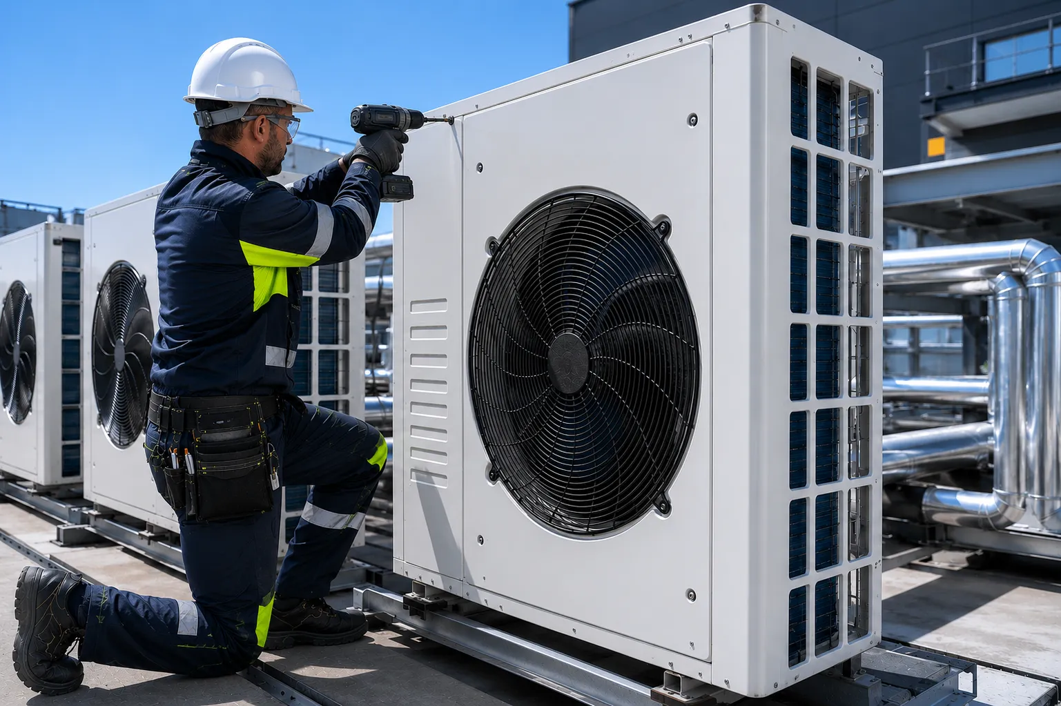 Installation de pompe à chaleur air/eau sur façade de bâtiment