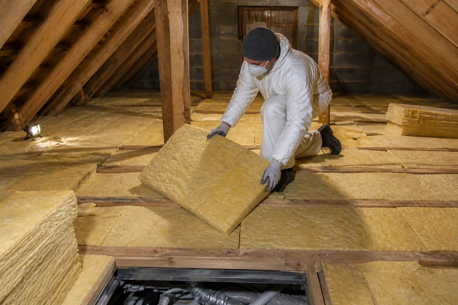 Pose d'un isolant en déroulé sur le plancher des combles par un technicien