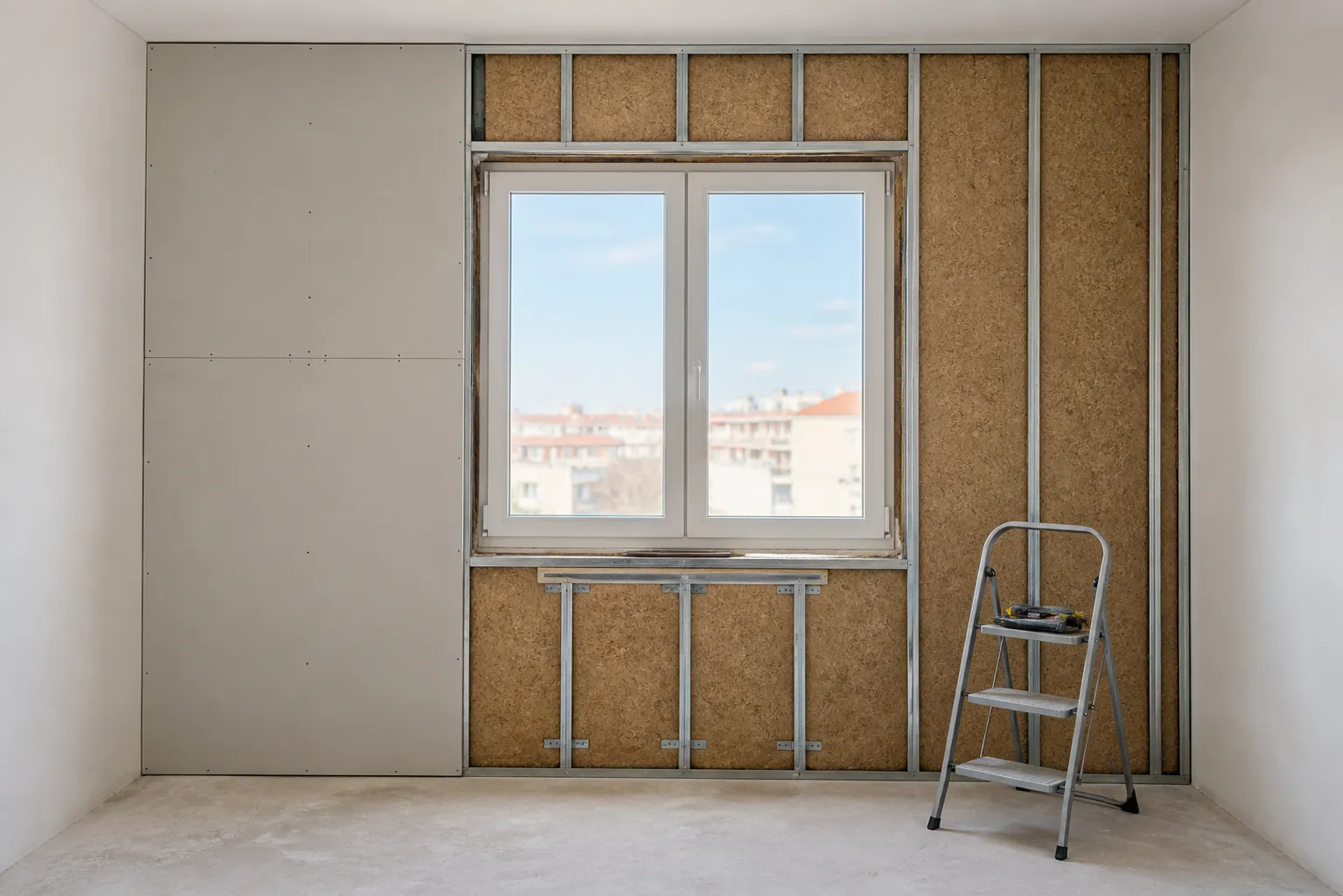 Façade d'un bâtiment en cours d'isolation thermique par l'extérieur