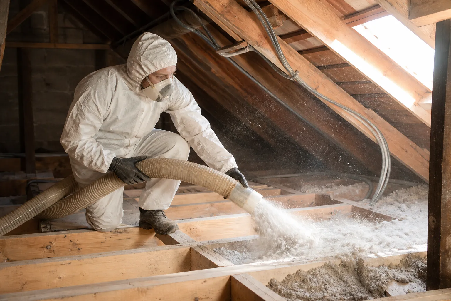 Soufflage de flocons isolants dans les combles d'un bâtiment